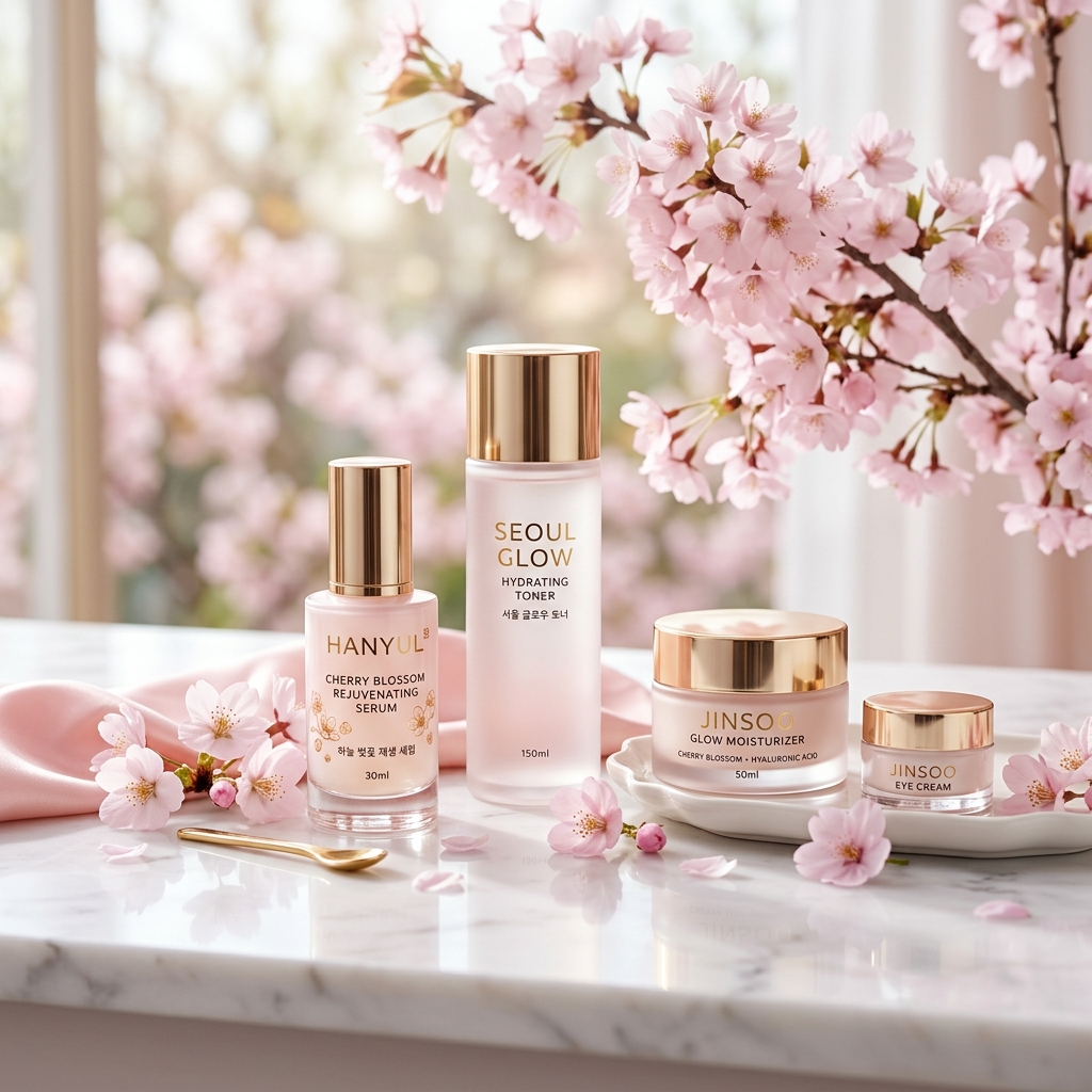Produktet e kozmetikës koreane – serum, toner dhe krem korean mbi mermerin e bardhë me lule qershie